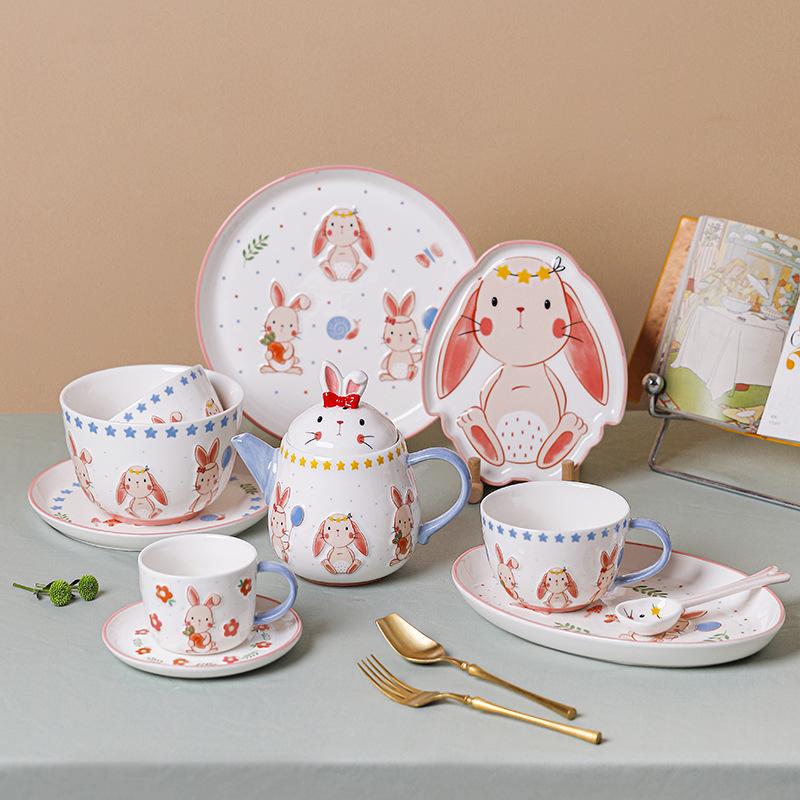 Cartoon Rabbit Relief Ceramic Tableware,Fish Plate Rice Bowl Kitchen Cutlery Set Gift,High Appearance Easter Coffee Cup Dish Set