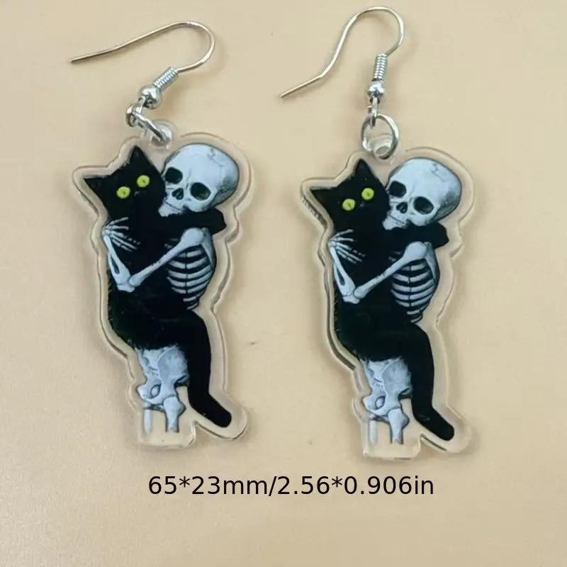1 Pair of Skeleton Cat Earrings Halloween Ornaments Flat Acrylic Horror Personality Exaggerated Skeleton Earrings
