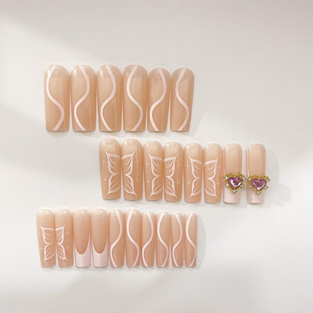 Barbie Pink French Wearing Nail Butterfly Wearing Nail Long Coffin Nail Three-Dimensional Love Nail Patch Fake Nail