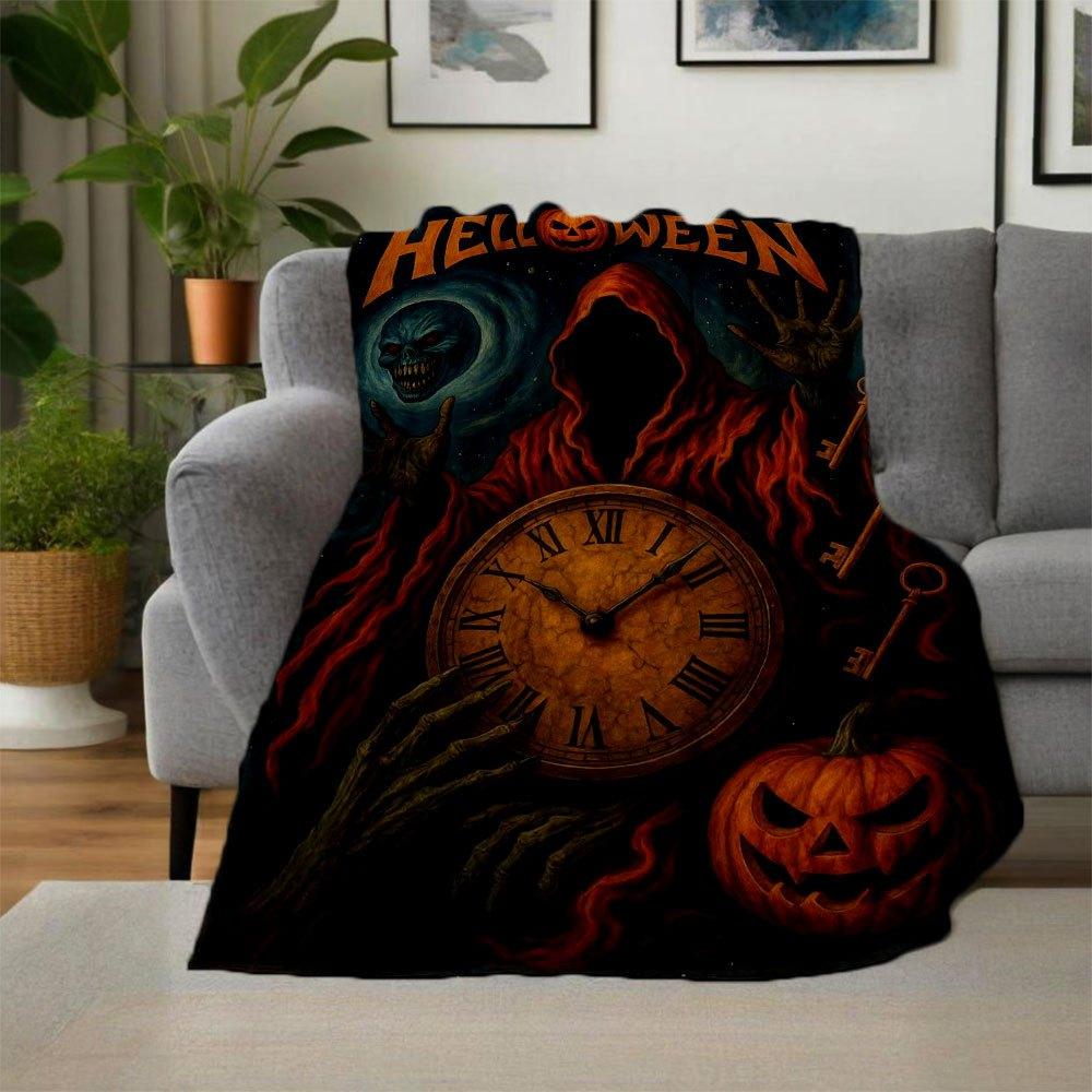 "Halloween Spooky Clock with Pumpkin and Ghost"Blanket Flannel Throw Blanket for Sofa, Bed, Travel, Camping, Office
