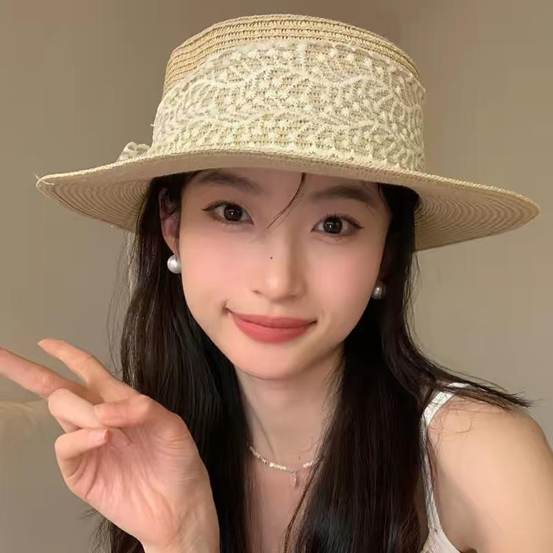 Small Fresh Pastoral Style Fashionable Versatile Flat-top Lace Sun Hat Women's Straw Weaving Travel Sun Hat Sun Protection Big Eaves