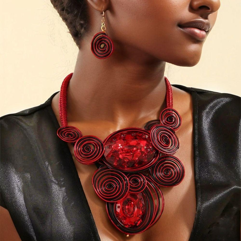 Handmade Statement Necklace Earring Set Crystal Gem Banquet Jewelry  Banquet Accessories