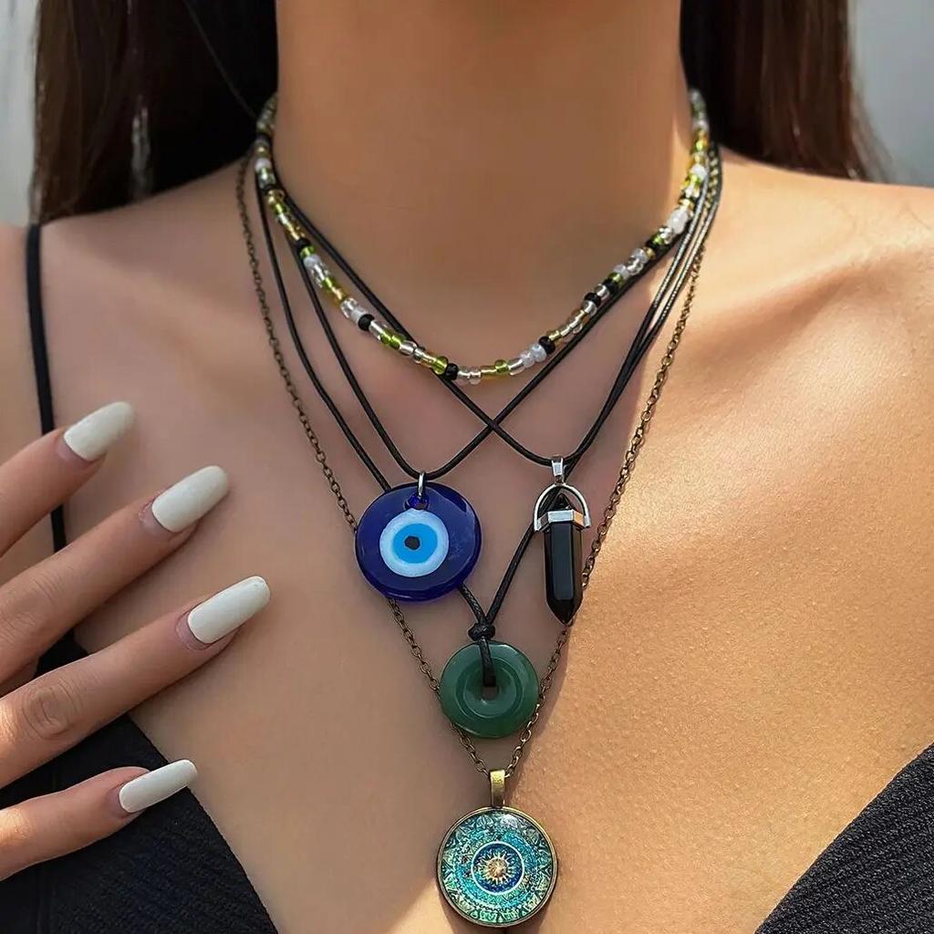 5 Stück Ethnischer Friedensschnallen Blauer Türkischer Glücksaugen Anhänger Choker Halskette für Frauen Vintage Stein Leder Wachsfaden Kette Schmuck