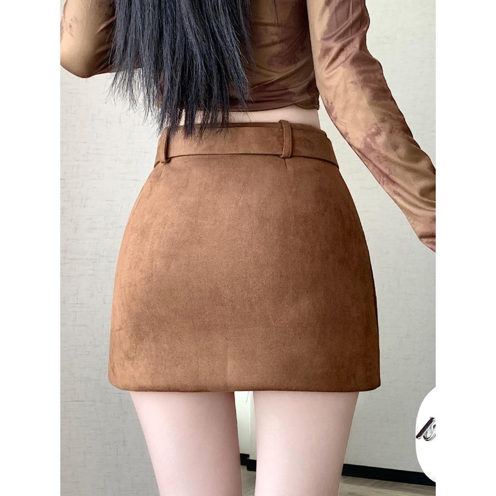Women's Retro High-Waist Brown Suede A-line Mini Skirt - Spring/Autumn
