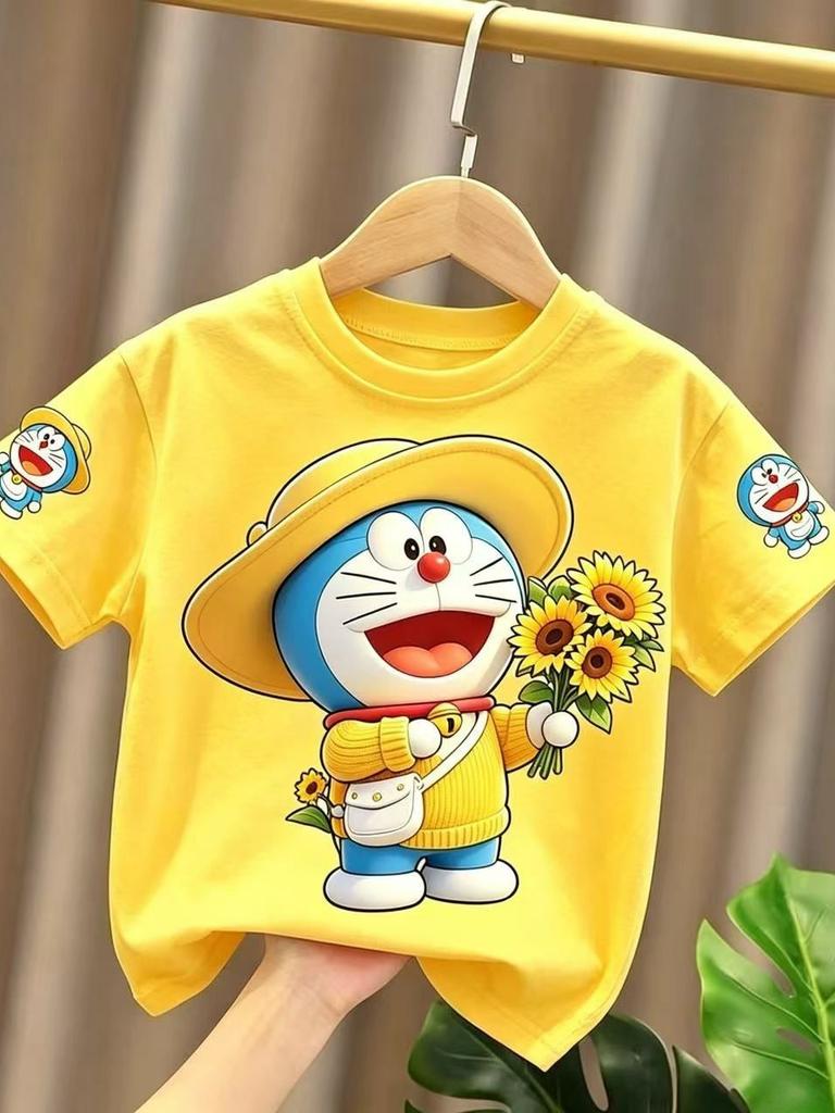 Summer Doraemon Boys and Girls New Style Short-Sleeved Pure Cotton T-Shirt for Children with Round Collar and Breathable