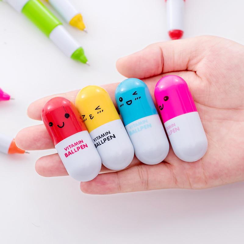 6Pcs Cute Smiling Face Pill Ball Point Pen Novelty Stationery Telescopic Capsule