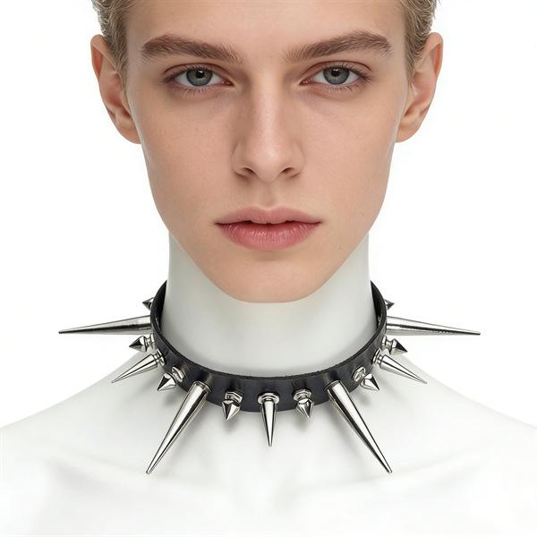 Unisex European Punk Black Leather Choker with Metal Chain and Lock Pendant.