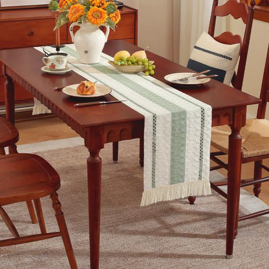 Nordic Style Table Runner Color Block Design Easy To Clean Table Flag with Tassel Christmas Dinner Table Accessory