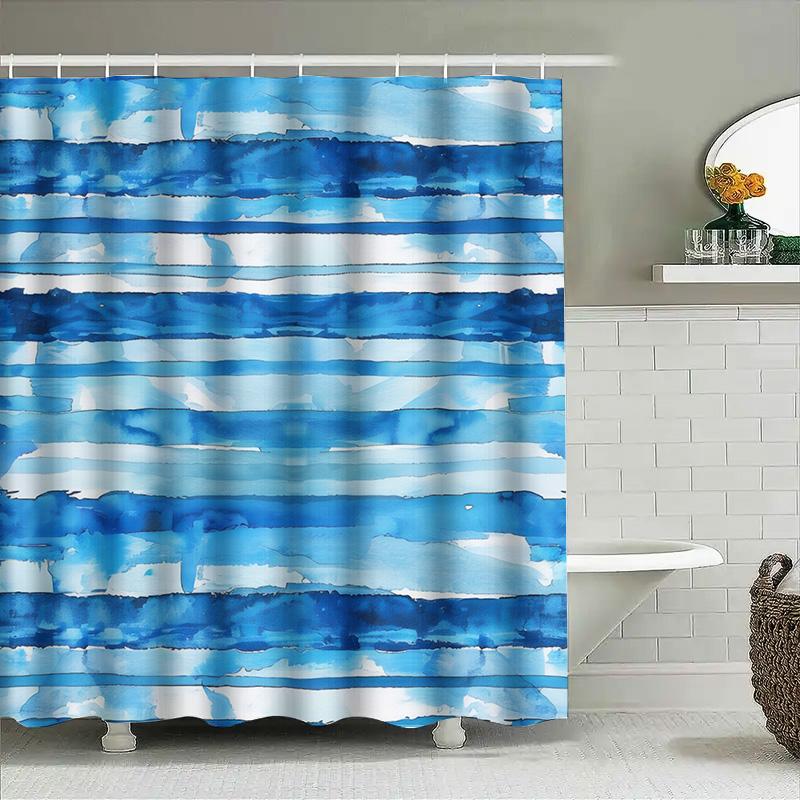 Blue Watercolor Striped Shower Curtain Waterproof Bathroom Decor For Home Hotel Modern Blue Stripe Bath Mat Set With Hooks (36X7