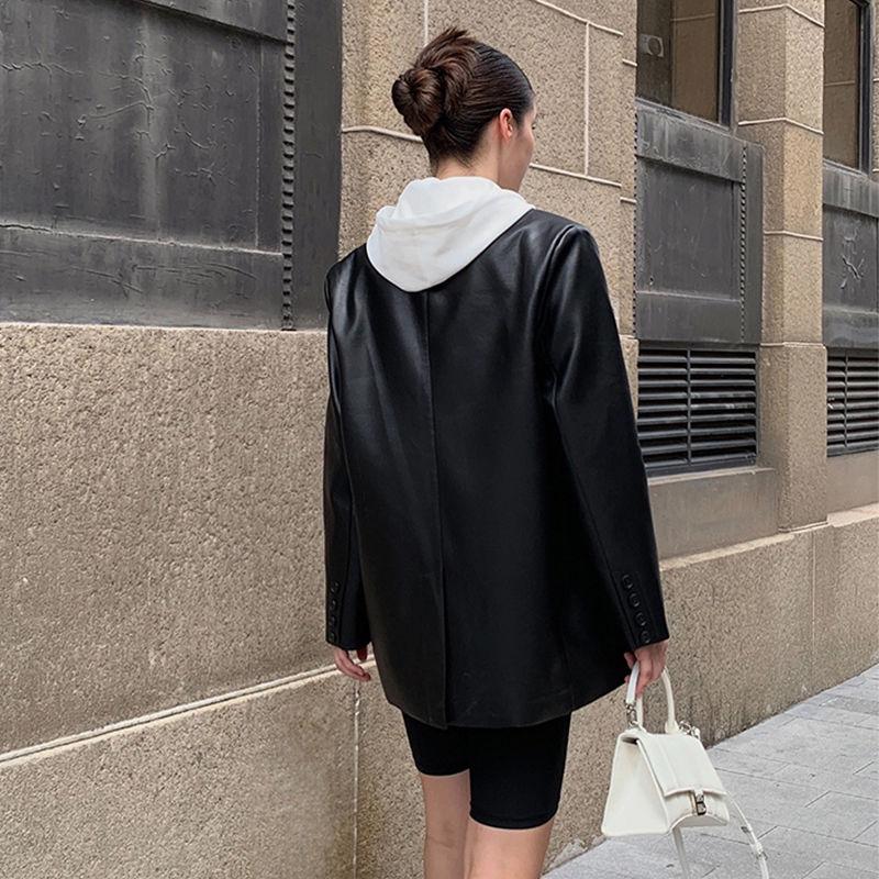 Black Long PU Leather Suit Jacket Women's Loose Spring Autumn Coat with Elegant Style Plus Size Leather Jacket