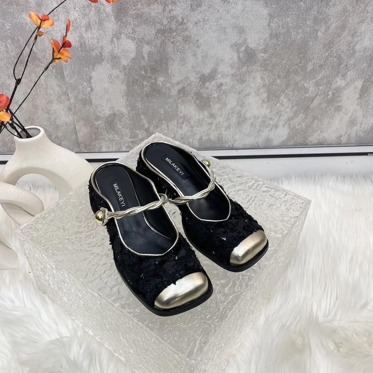 

Темпераментные полушлепанцы женские 2025 лето верхняя одежда толстый средний каблук высокое чувство Мэри Джейн полушлепанцы сандалии 40 чёрный