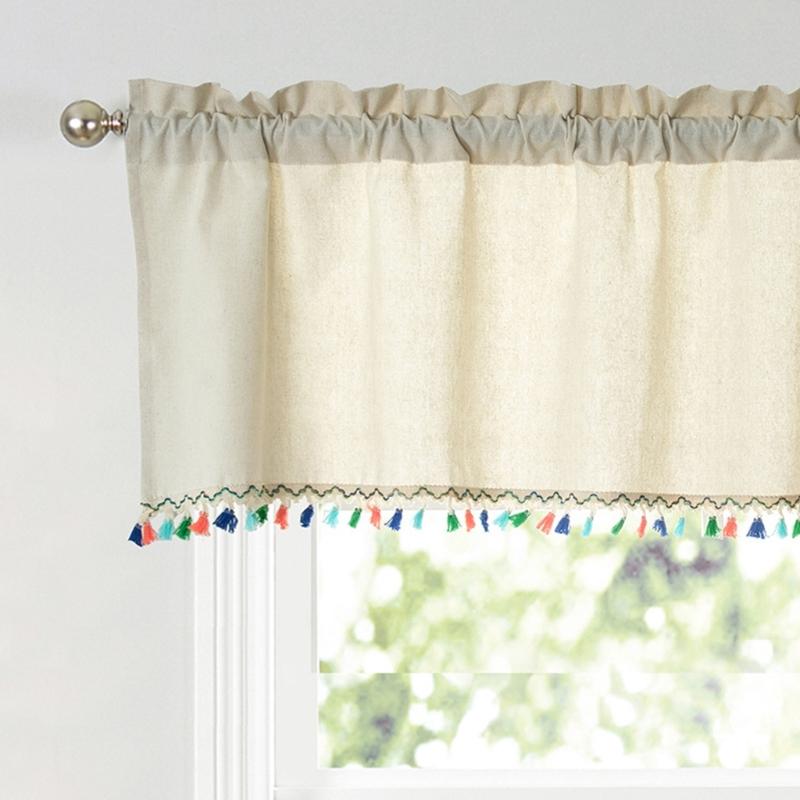 Short Curtain With Colorful Tassels For Home Decors Semi Sheer Window Drape Valance Panel Easy Installation Rod Pocket