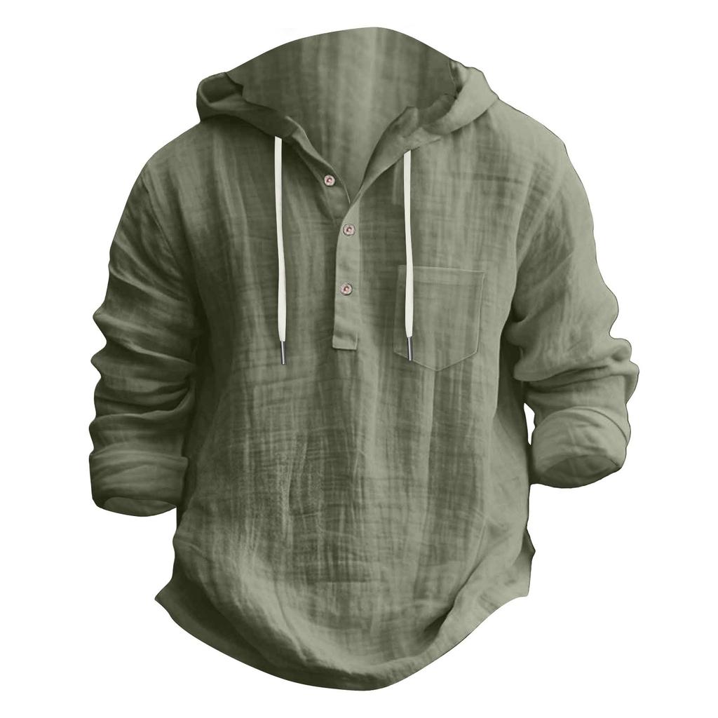Men's Summer Color Pocket Cotton Linen Long Sleeve Button Hooded