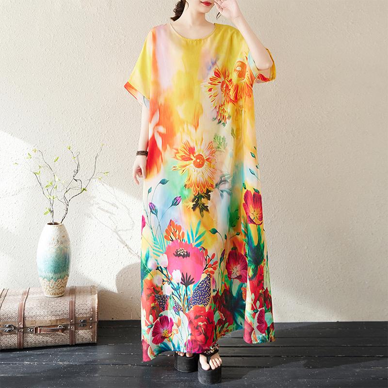 

DIMANAF 2025 Summer Women Plus Size Loose Dress Beach Basic Casual Long Dress Vintage Floral Printing Holiday Dress One Size жёлтый