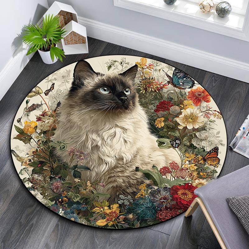 Cat in Flowers Round Area Rug,Carpet Rug for Living Room Bedroom Sofa Playroom Decor,Non-slip Floor Mat