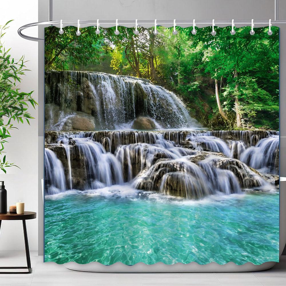 Waldwasserfall Duschvorhang Außen Naturlandschaft Üppige Wälder Grüne Pflanzen Blumig Polyester Duschvorhänge Badezimmer Dekoration