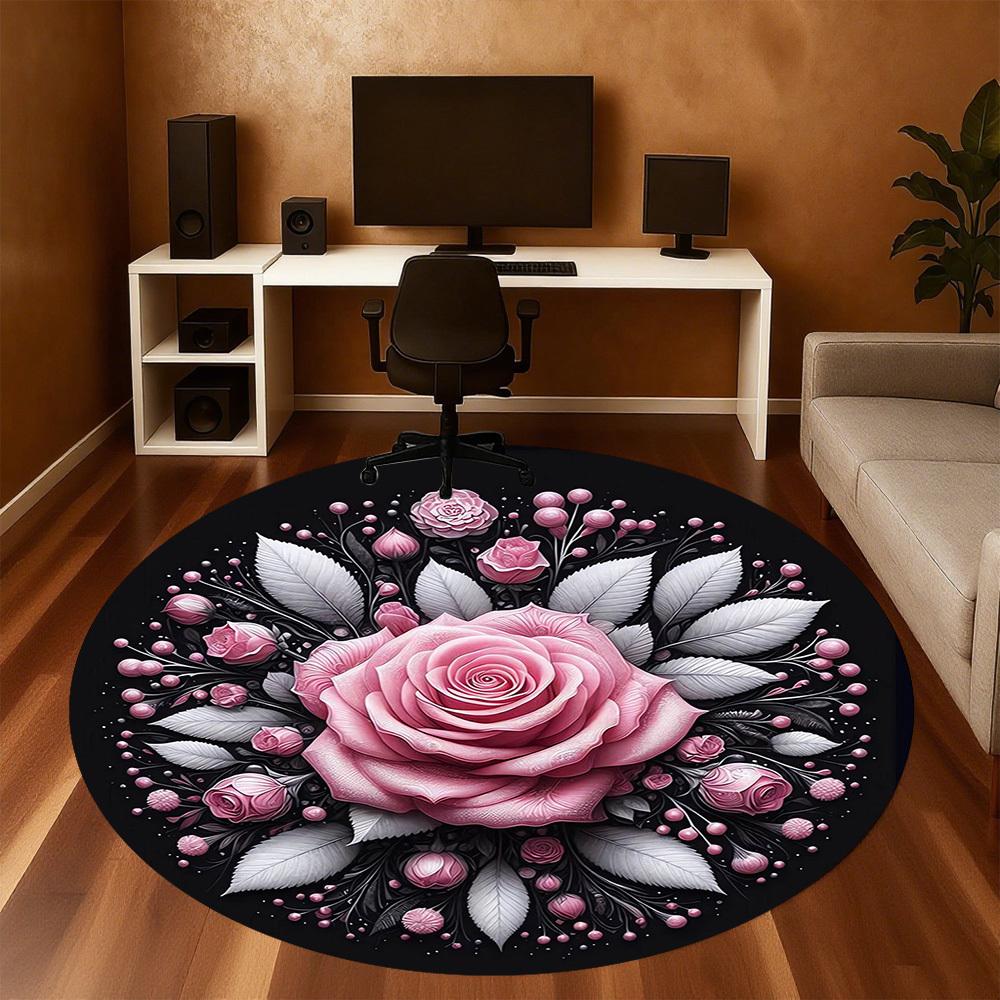 1pc Rose Floral Round Chair mat Area Rug - Non-Slip, Floor Mat for Office, Bedroom, and Indoor Decor -1002207