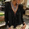 Women's Color V-Neck Ruffle Tie Long Sleeve Blouse Loose Fit Casual Top for Everyday Wear
