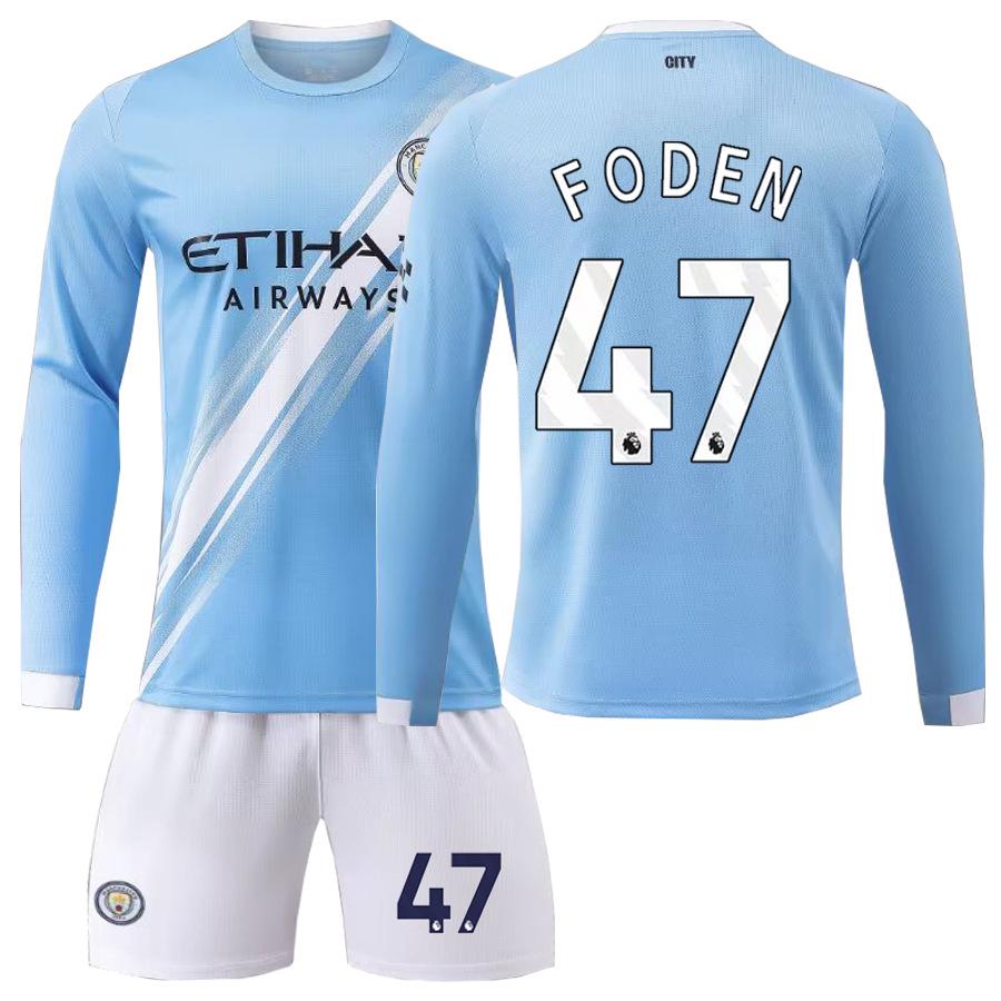 Set Maglia a Maniche Lunghe da Casa per Bambini del Manchester City: Haaland #9, Foden #47, Mahrez #7.