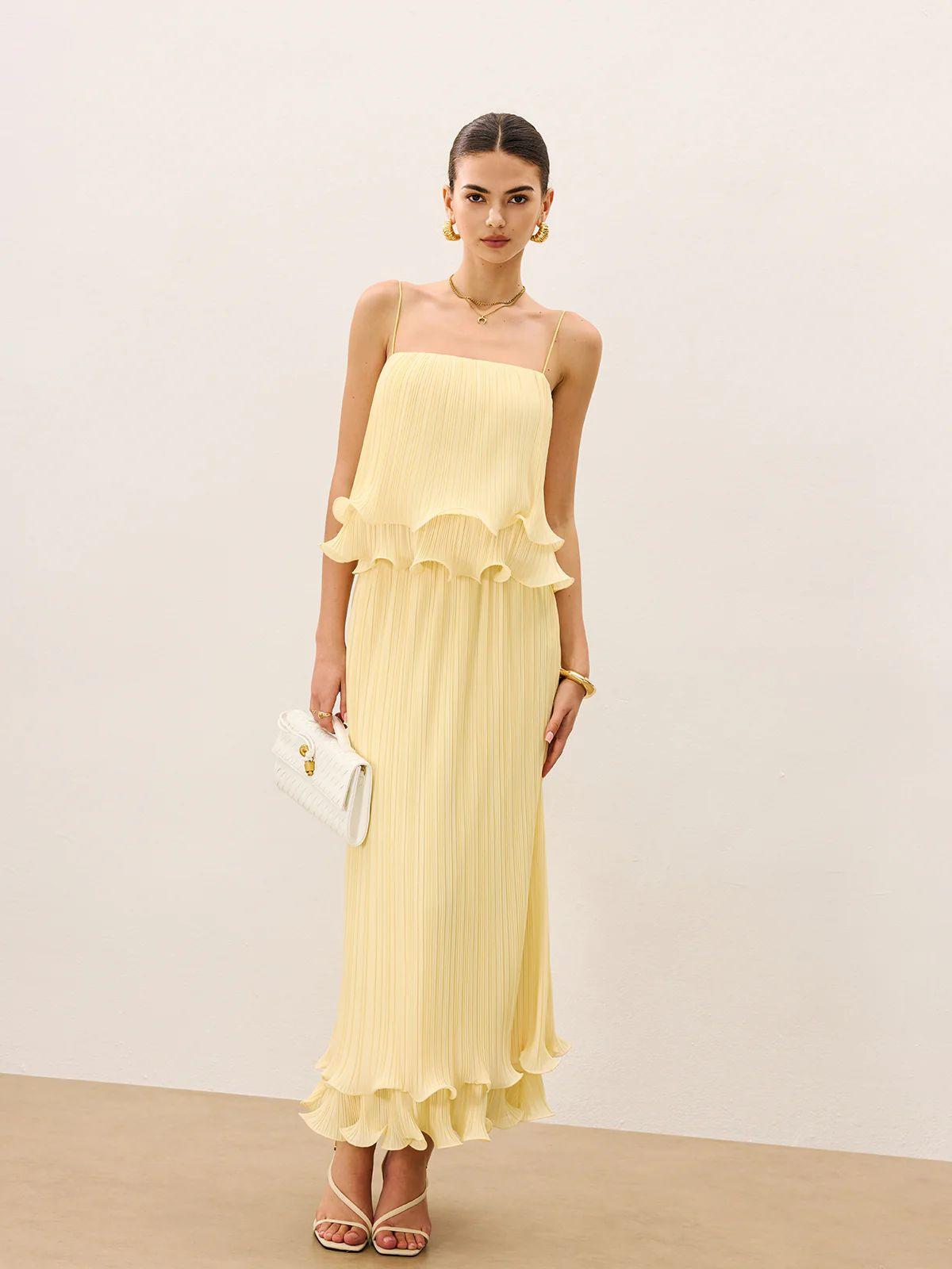Women Sleeveless Ruffle Hem Slit Maxi Dress Solid Yellow Casual Elegant Long Dress S