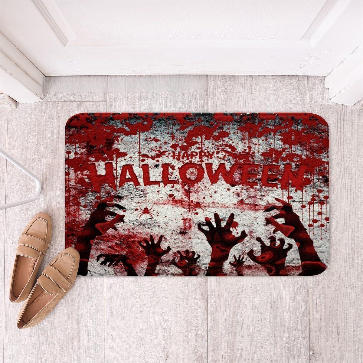 Halloween Bloody Carpet Mat Zombie Hands Rug HELP Text Blood Splatter Gory Horror Non-Slip Home Decoration Floor Mats Floor Mat 40X60CM