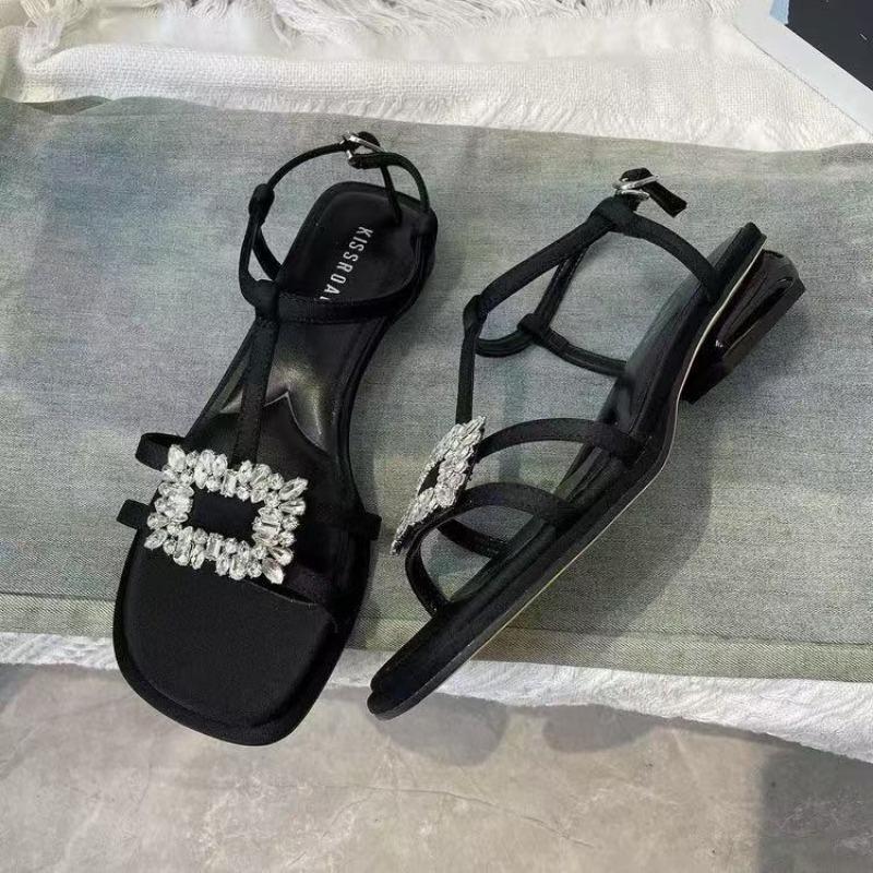 Low-heeled niche rhinestone square-toed sandals female new summer fairy with skirt shoes
