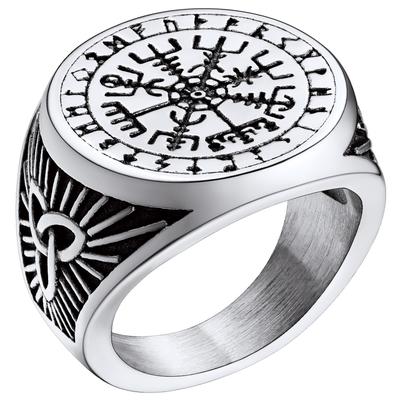 Norský prsten Pánský pečetní s Vikingové Šperky Runový kompas Vegvisir Palec Nerezová ocel Nordický s Dárek na Halloween