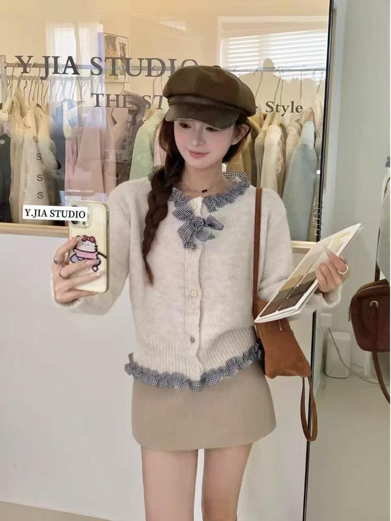 Koreański Szyk Kardiagn z Dzianiny z Falbankami i Kokardą - Damski Jesienny Wzór