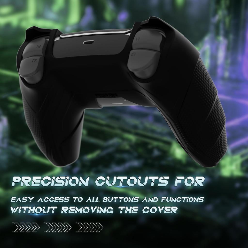 PlayVital PS5 Controller Silicone Mecha Rhino Shockproof Protective Easy Includes Thumb Grips and Compatible with Charging Black and Green Cover,