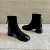 French Square Toe Slim Boots For Women Spring And Autumn New Patchwork Suede Retro Thick Heel Soft Soled Short Boots High Heels