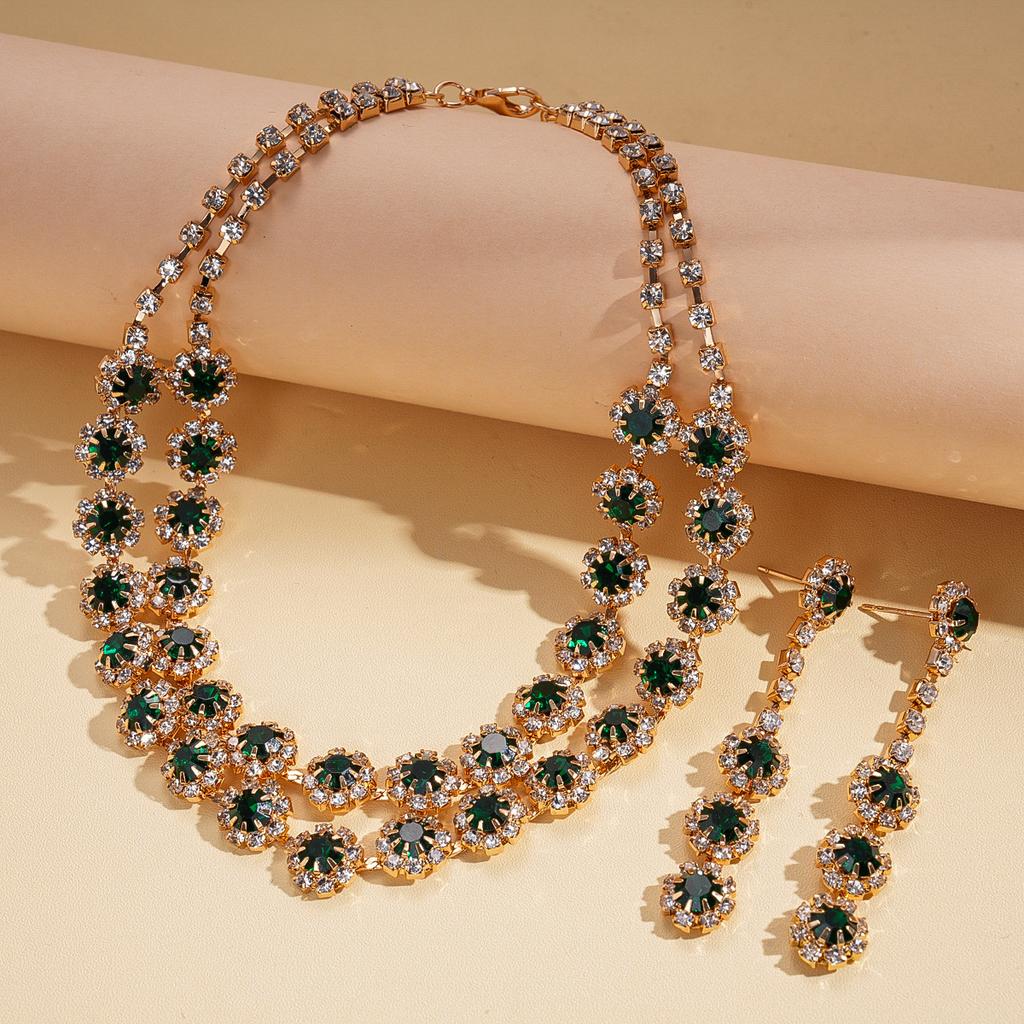 Turquoise Blue Diamond Flower Stud Earrings Necklace Light Luxury Niche Clavicle Chain Premium Jewelry Set