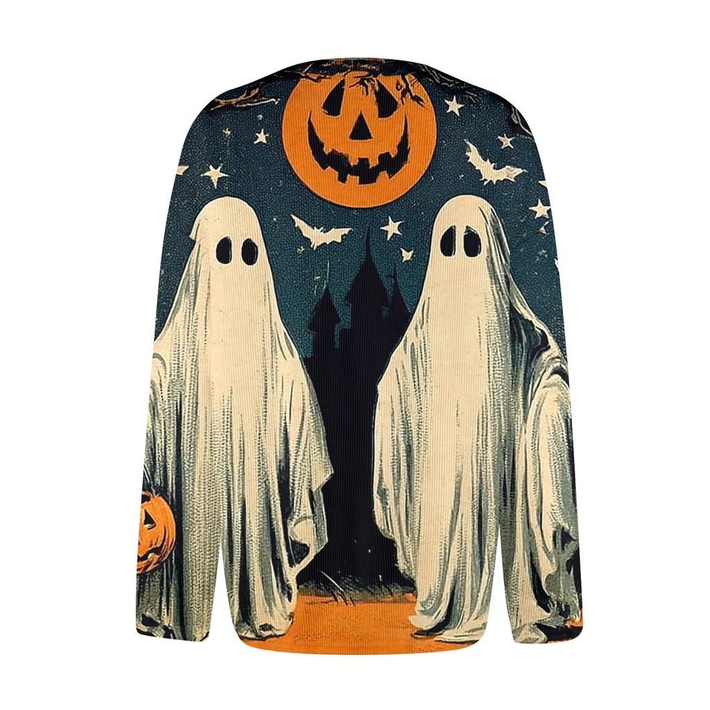 Women's Long Sleeve Knit Cardigan with Halloween Print Button Front