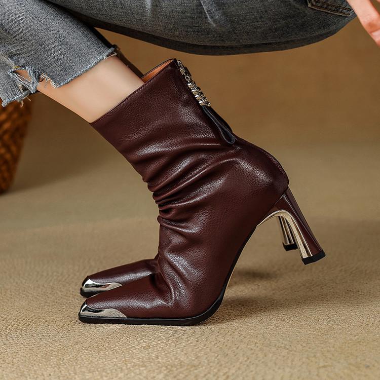 French metal square head high-heeled short women's boots 2025 autumn and winter new thick heel rear zipper leather Chelsea boots women