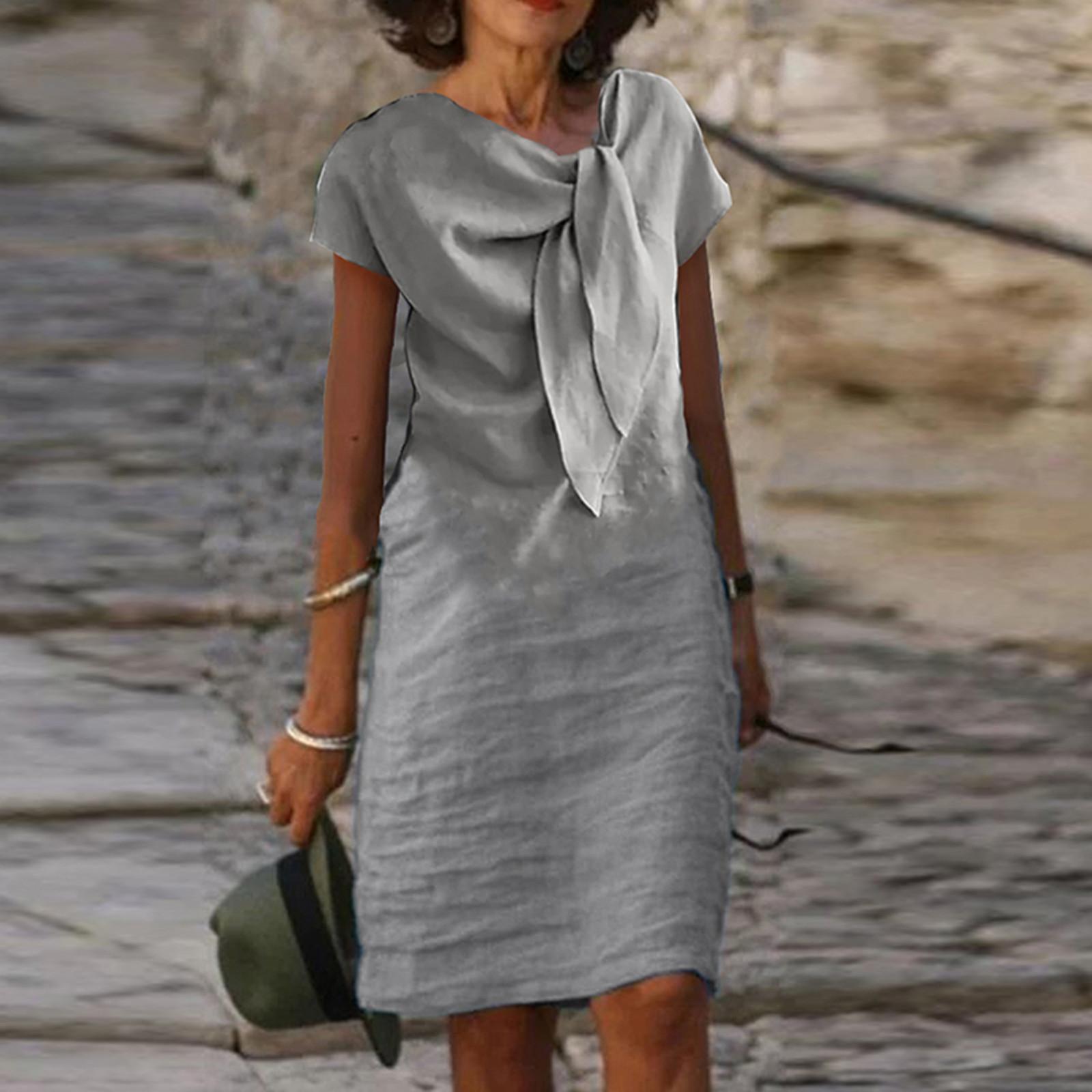 

Модное прямое свободное платье средней длины в стиле High Street, винтажное вечернее платье с круглым вырезом и галстуком-бабочкой, повседневное офисное платье трапециевидной формы с короткими рукавами L серый