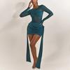 Abito Mini Elegante da Donna a Manica Lunga con Pannello in Rete Trasparente Slim Fit Girocollo Ufficio Casual