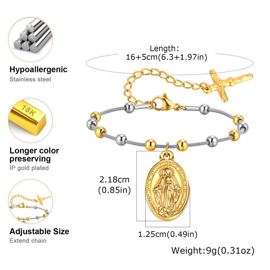 Vnox Adjustable Virgin Mary Bracelet for Women, Stainless Steel Gold Plated Snake Chain Pendant, Beaded Cross Religious Jewelry