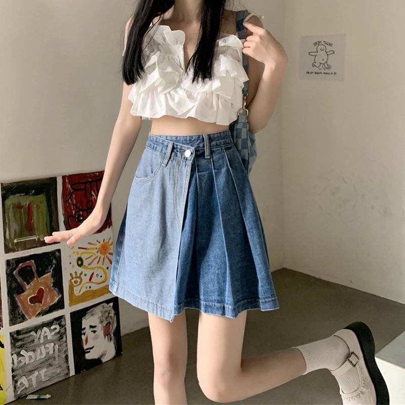 Plus Size High Waist A Line Denim Skirt Women Summer Slimming Irregular Hem Skirt