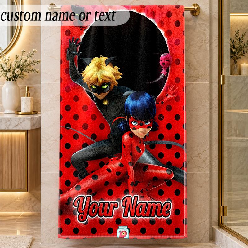 Beach TowelMiraculous Ladybug Custom Name Text Personalized Soft Towel for Beach Pool Indoor Home Decor Gift