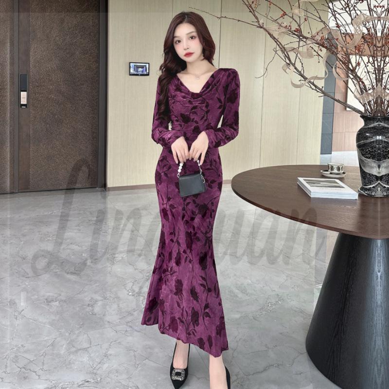 

Elegant Retro Jacquard V-Neck Long Dress, Slimming High-End Waist-Cinching Design Extra Large фиолетовый