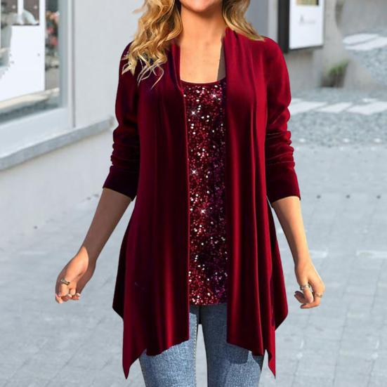 

Женский топ с блестящими пайетками, комплект из двух частей, неровный подол, с длинным рукавом, теплая бархатная свободная однотонная женская блузка с v-образным вырезом, осень-весна L зелёный