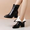 Women Short Boots Autumn Winter Leather Short Mid Barrel Mid Heel Fleece Boots