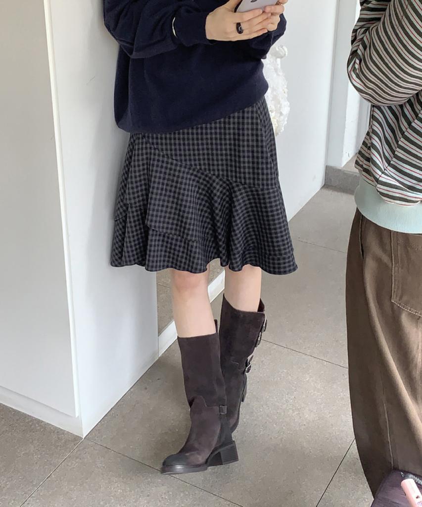 Toabe Tiered Ruffle Check Skirt (Black)