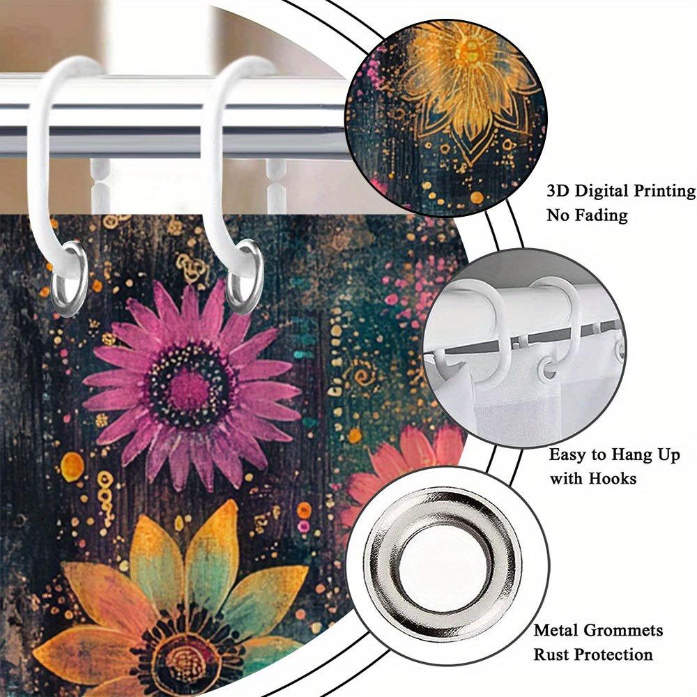Eğlenceli Doğal Desenli Çiçekli Duş Perdesi, Ortaçağ Tarzı Banyo Dekorasyonu, Polyester Kumaş, 12 Kanca Dahil