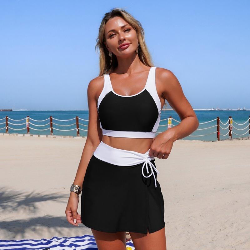 Swimsuit New European and American Split Swimsuit Women's Nylon Color Matching Skirt with Pockets Swimsuit In Stock