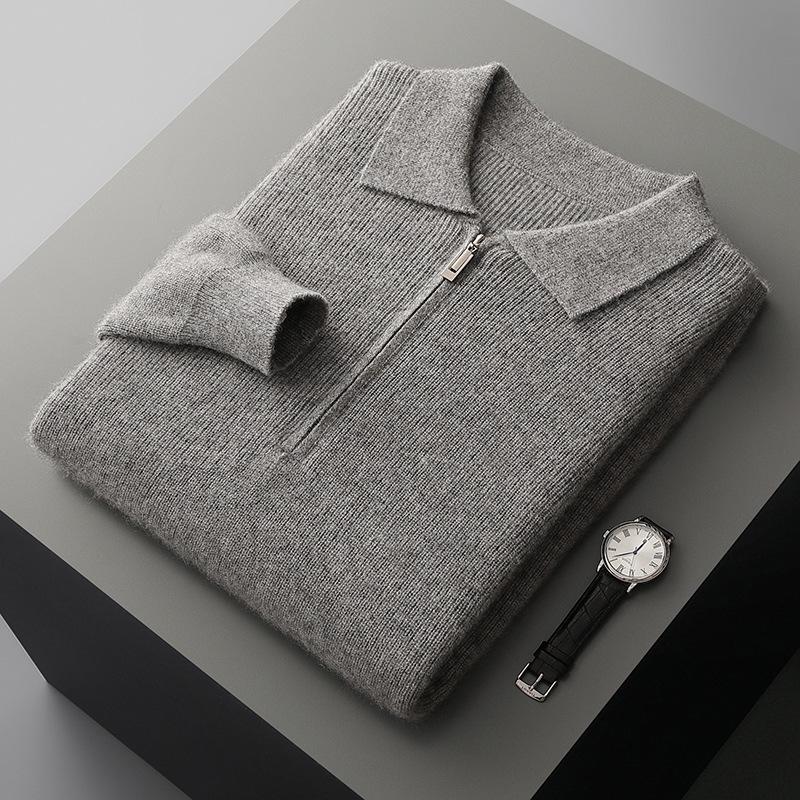 Men's Business Casual Pure Wool Half-Zip Polo Sweater - Autumn/Winter Loose Knit Pullover