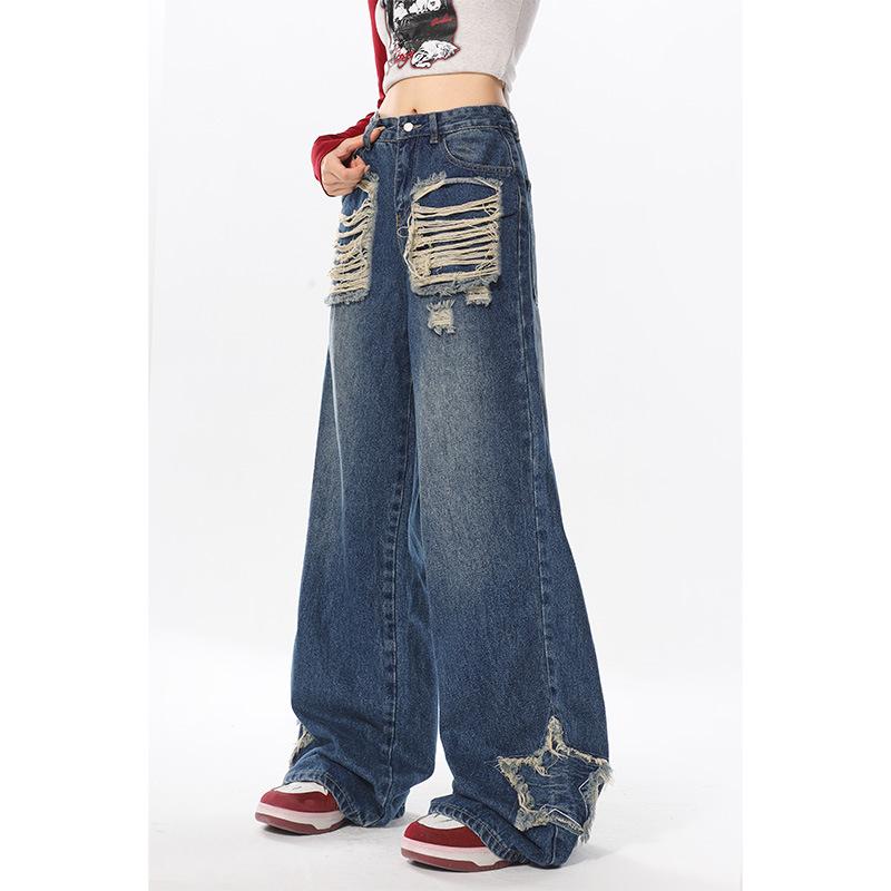 

Синие джинсы для женщин из ткани со звездными нашивками, кисточками и меховыми краями, свободные прямые повседневные широкие длинные брюки 2XL синий