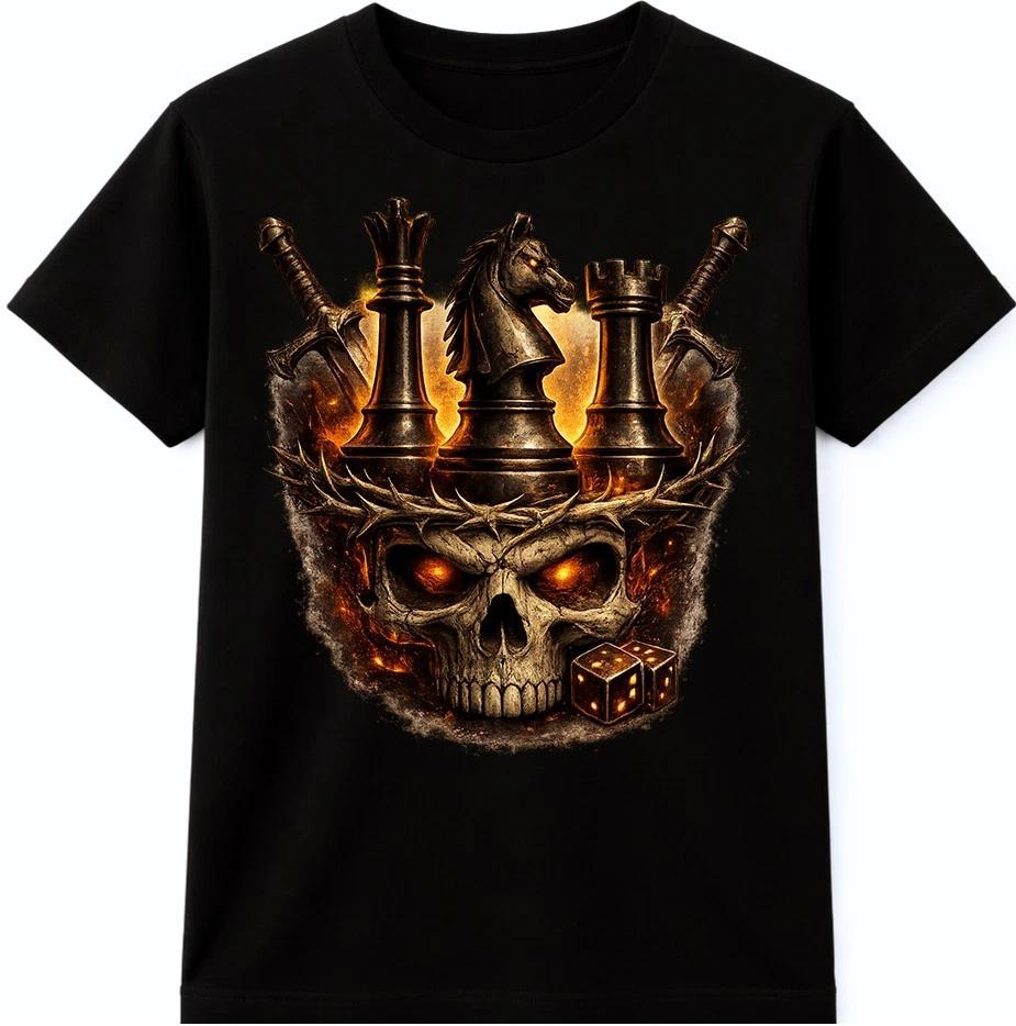 Skull Chess Graphic T-Shirt King Knight Rook Dark Fantasy Strategy Design Tee 4XL