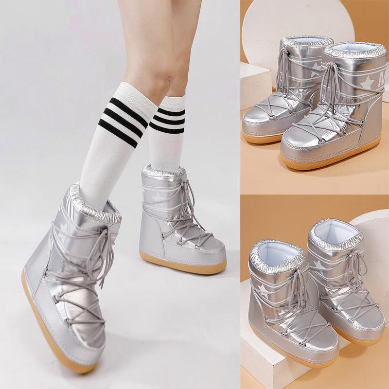 Women's Mid-calf Waterproof Fashion Lightweight Soft Sole Winter Warm Fur One Snow Boots Padded Lined Non-slip Casual Sports Cotton Boots Space Boots