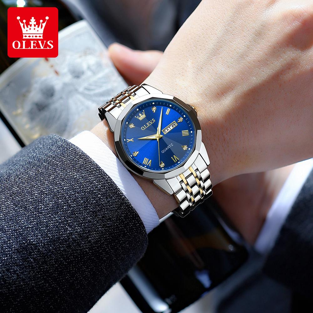 OLEVS Luxury Man Watch Solid Steel Strap Waterproof Men's Watches Fashion Rhombus Mirror Dual Calendar Quartz Wristwatches 9931