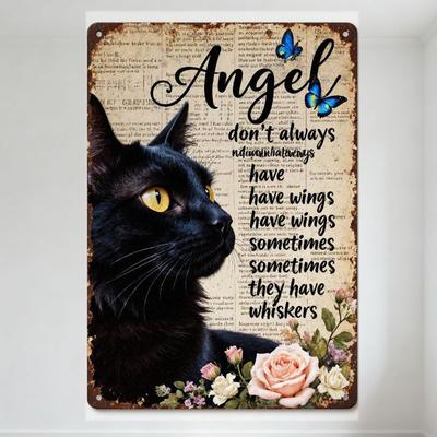 Vintage Schwarze Katze Metallschild mit Gelben Augen, 'Engel' Kursivtext, Schmetterlinge, Rustikales Schnurrbart Zitat - Alte Zeitung Rückseite